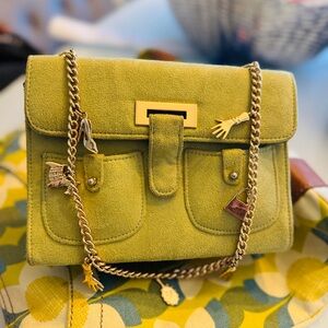 Lulu Guinness Lime Green Suede Satchel vintage small clutch with chain strap